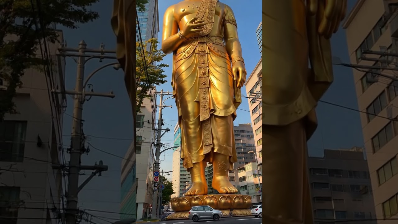 Estátua de Buda Dourado Caminha Pelas Ruas da Cidade: Arte Espiritual e Paz #Buda